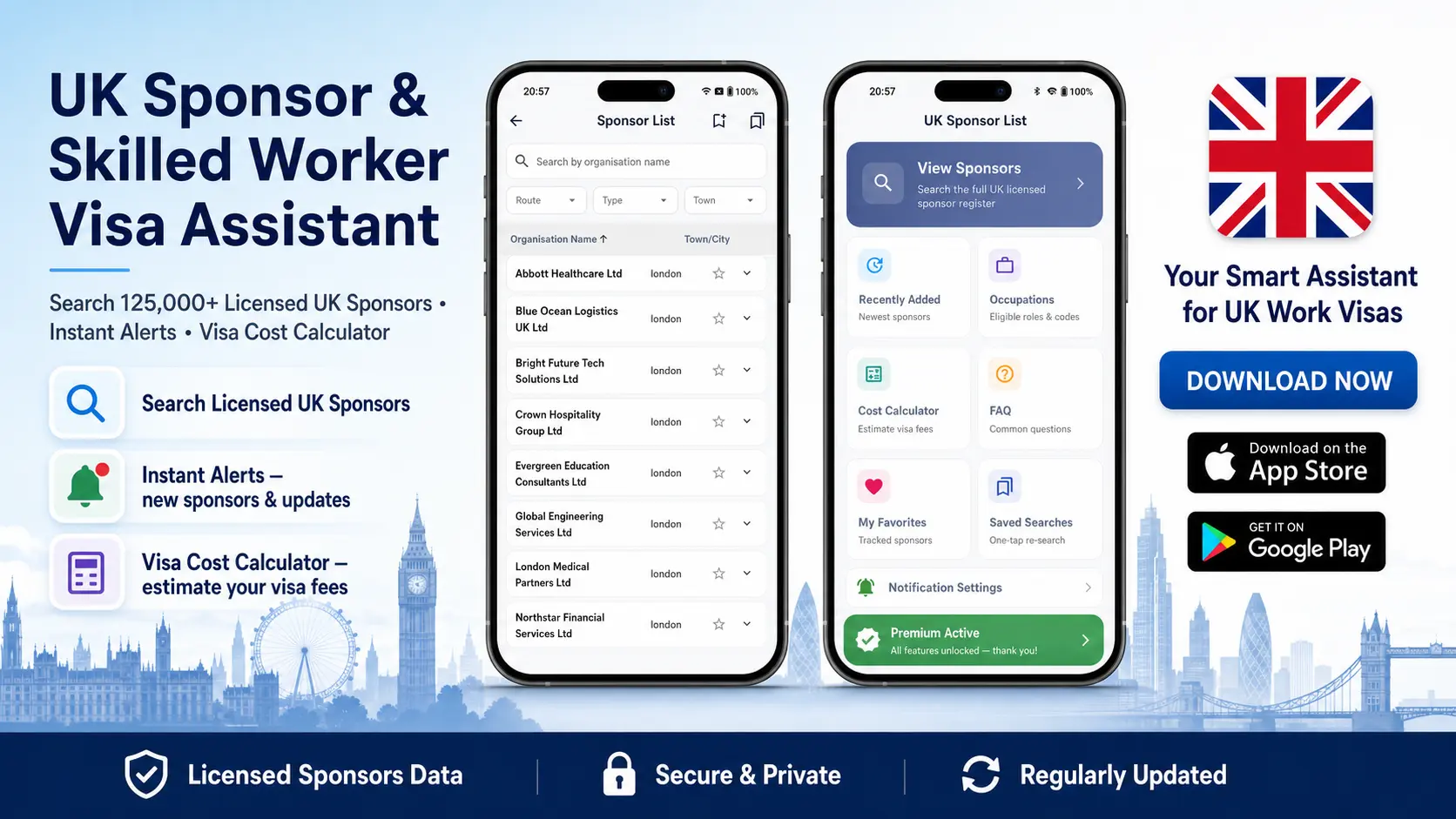 UK Sponsor & Skilled Worker Visa Assistant mobile app — search licensed UK sponsors, instant alerts and visa cost calculator on iOS and Android